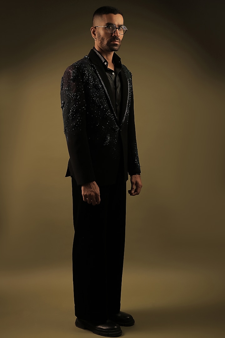 Black Korean Lycra Embellished & Hand Painted Tuxedo Set by ZENITH COUTURE at Pernia's Pop Up Shop