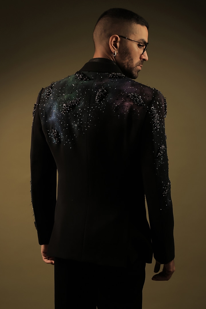 Black Korean Lycra Embellished & Hand Painted Tuxedo Set by ZENITH COUTURE at Pernia's Pop Up Shop