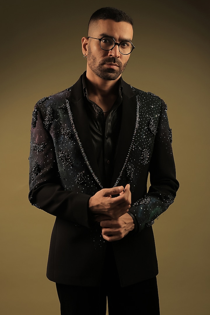 Black Korean Lycra Embellished & Hand Painted Tuxedo Set by ZENITH COUTURE at Pernia's Pop Up Shop