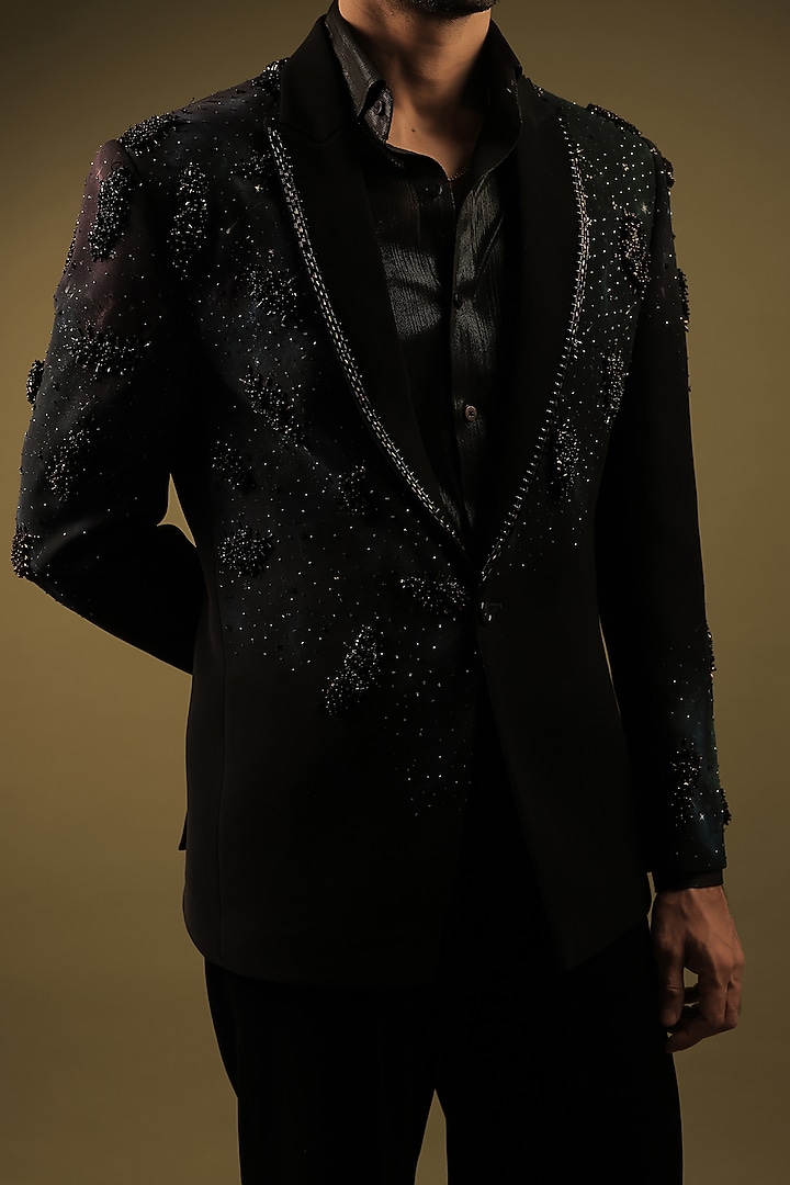 Black Korean Lycra Embellished & Hand Painted Tuxedo Set by ZENITH COUTURE at Pernia's Pop Up Shop