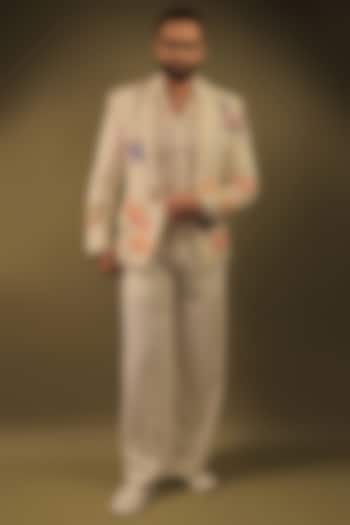 White Korean Lycra Embroidered & Hand Painted Tuxedo Set by ZENITH COUTURE at Pernia's Pop Up Shop