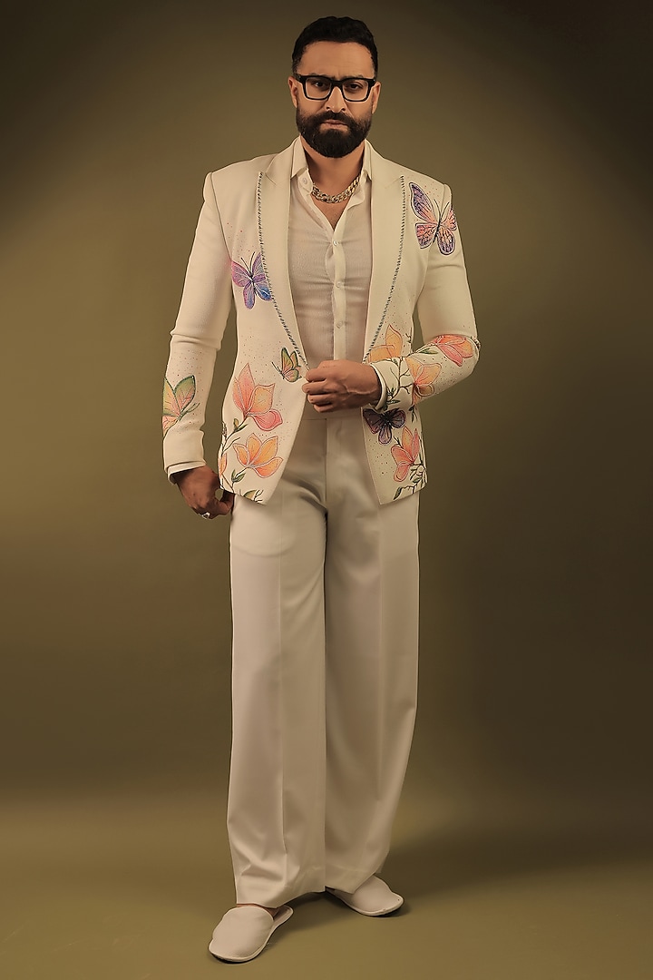 White Korean Lycra Embroidered & Hand Painted Tuxedo Set by ZENITH COUTURE at Pernia's Pop Up Shop