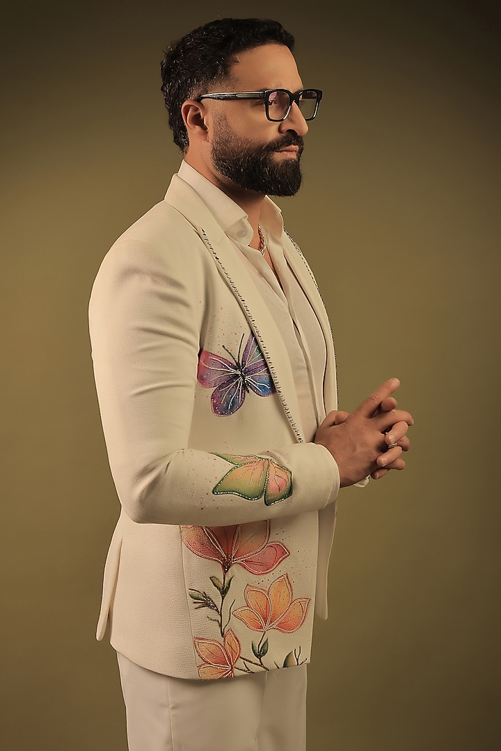 White Korean Lycra Embroidered & Hand Painted Tuxedo Set by ZENITH COUTURE at Pernia's Pop Up Shop