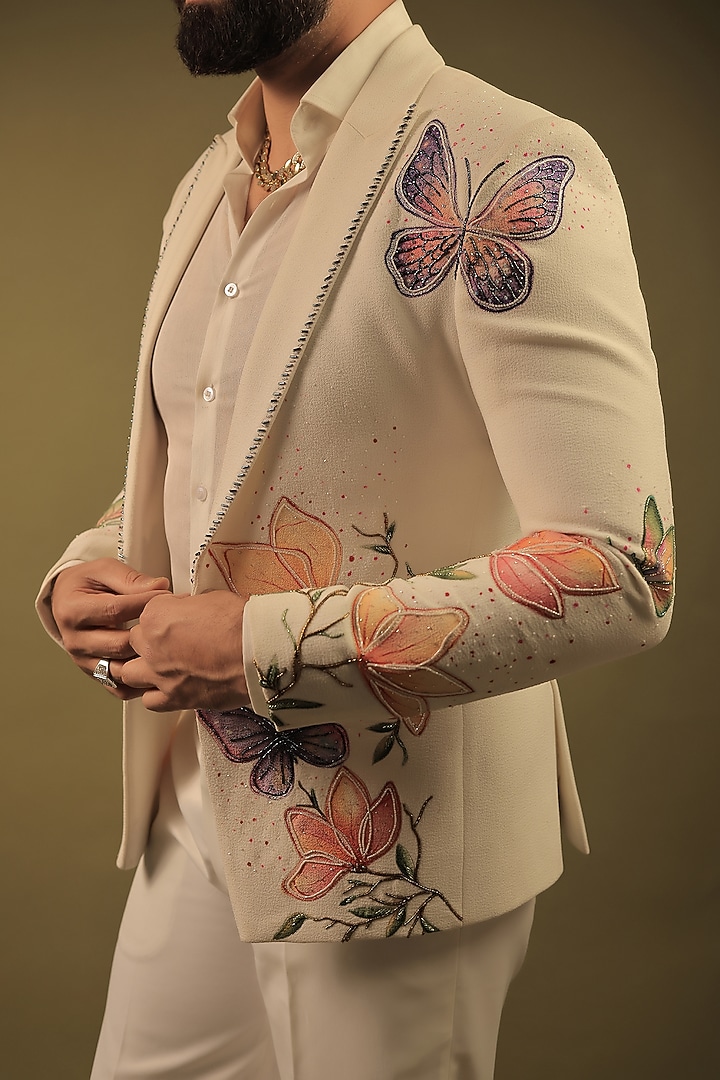 White Korean Lycra Embroidered & Hand Painted Tuxedo Set by ZENITH COUTURE at Pernia's Pop Up Shop