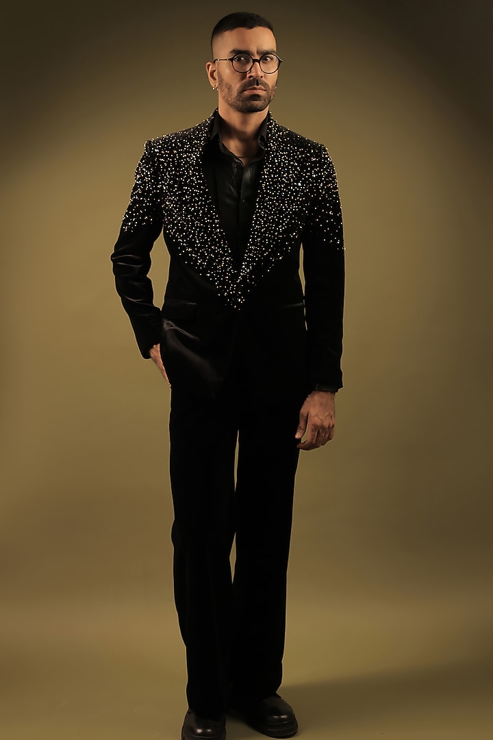 Black Velvet Cutdana Work Tuxedo Set by ZENITH COUTURE at Pernia's Pop Up Shop