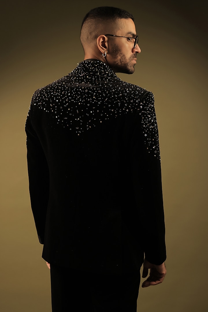 Black Velvet Cutdana Work Tuxedo Set by ZENITH COUTURE at Pernia's Pop Up Shop