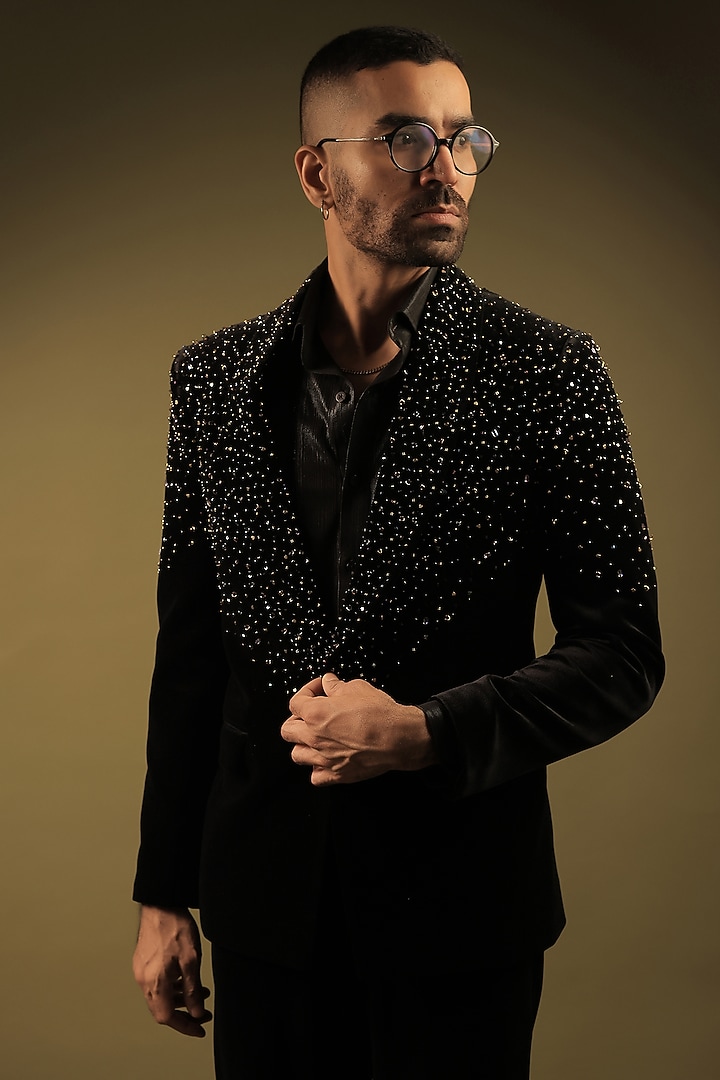 Black Velvet Cutdana Work Tuxedo Set by ZENITH COUTURE at Pernia's Pop Up Shop