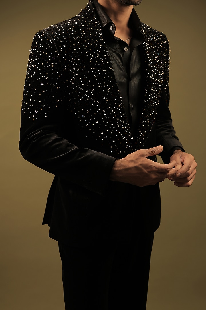 Black Velvet Cutdana Work Tuxedo Set by ZENITH COUTURE at Pernia's Pop Up Shop