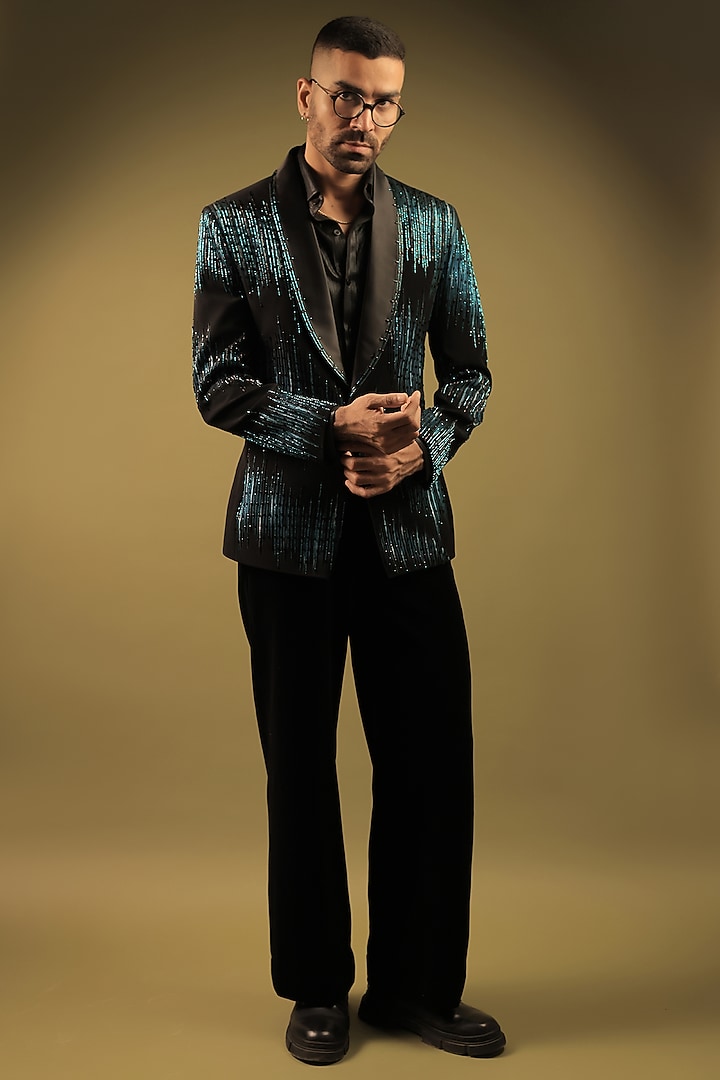 Black Korean Lycra Embellished & Hand Painted Tuxedo Set by ZENITH COUTURE at Pernia's Pop Up Shop