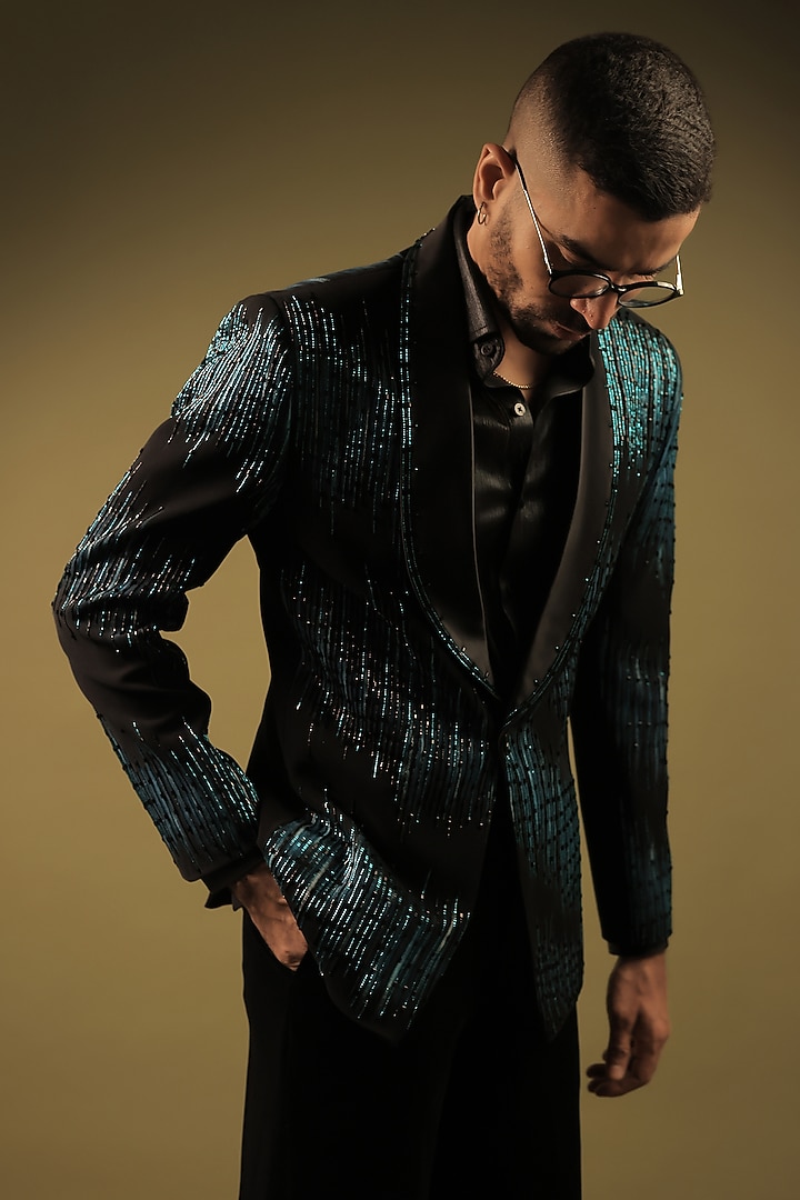 Black Korean Lycra Embellished & Hand Painted Tuxedo Set by ZENITH COUTURE at Pernia's Pop Up Shop