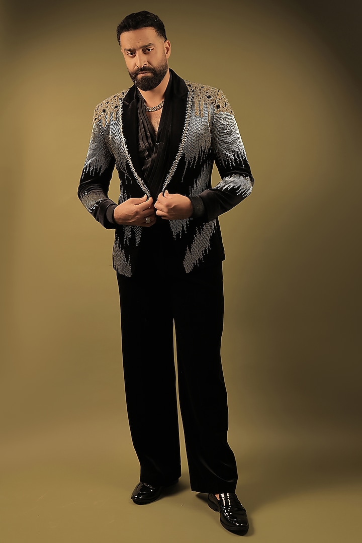Black Velvet Cutdana Embroidered Tuxedo Set by ZENITH COUTURE at Pernia's Pop Up Shop