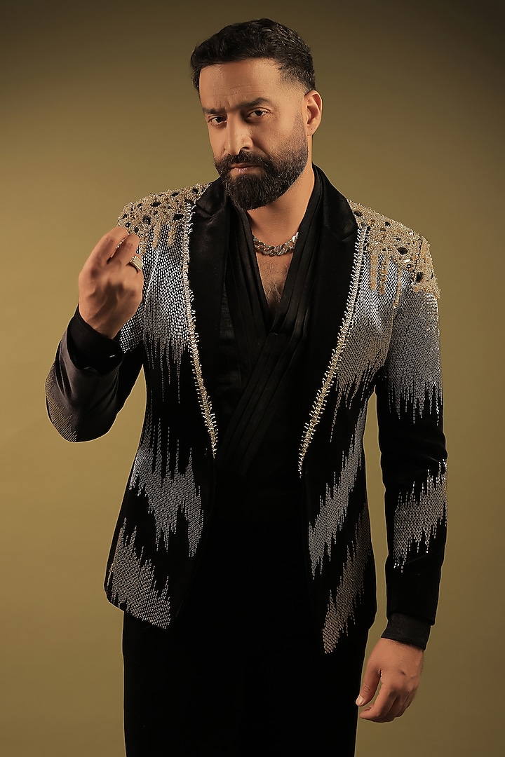 Black Velvet Cutdana Embroidered Tuxedo Set by ZENITH COUTURE at Pernia's Pop Up Shop