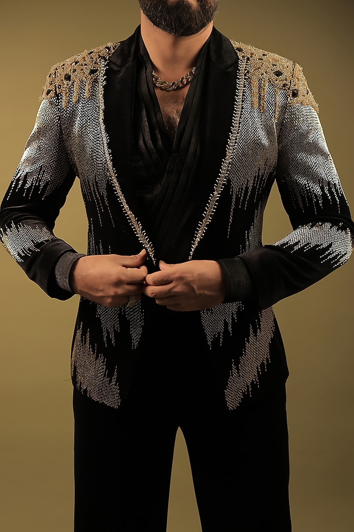 Black Velvet Cutdana Embroidered Tuxedo Set by ZENITH COUTURE at Pernia's Pop Up Shop