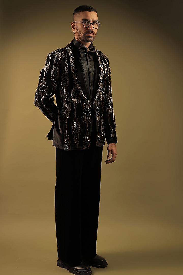 Black Velvet Embroidered Tuxedo Set by ZENITH COUTURE at Pernia's Pop Up Shop