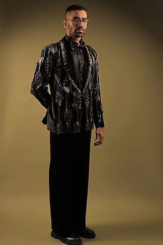 Black Velvet Embroidered Tuxedo Set by ZENITH COUTURE