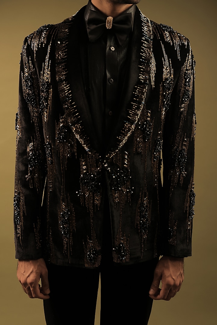 Black Velvet Embroidered Tuxedo Set by ZENITH COUTURE at Pernia's Pop Up Shop