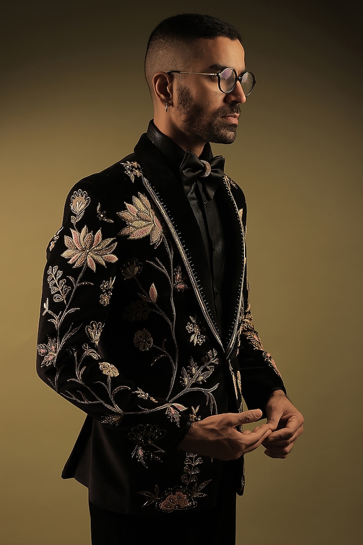 Black Velvet Cutdana Work Tuxedo Set by ZENITH COUTURE at Pernia's Pop Up Shop