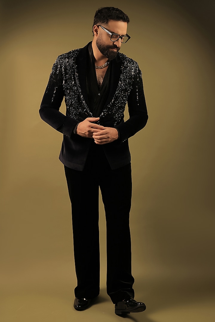 Navy Blue Velvet Cutdana Embellished Tuxedo Set by ZENITH COUTURE at Pernia's Pop Up Shop