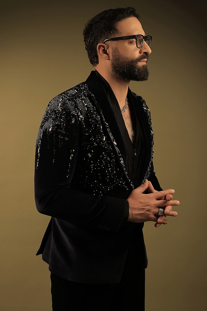 Navy Blue Velvet Cutdana Embellished Tuxedo Set by ZENITH COUTURE at Pernia's Pop Up Shop