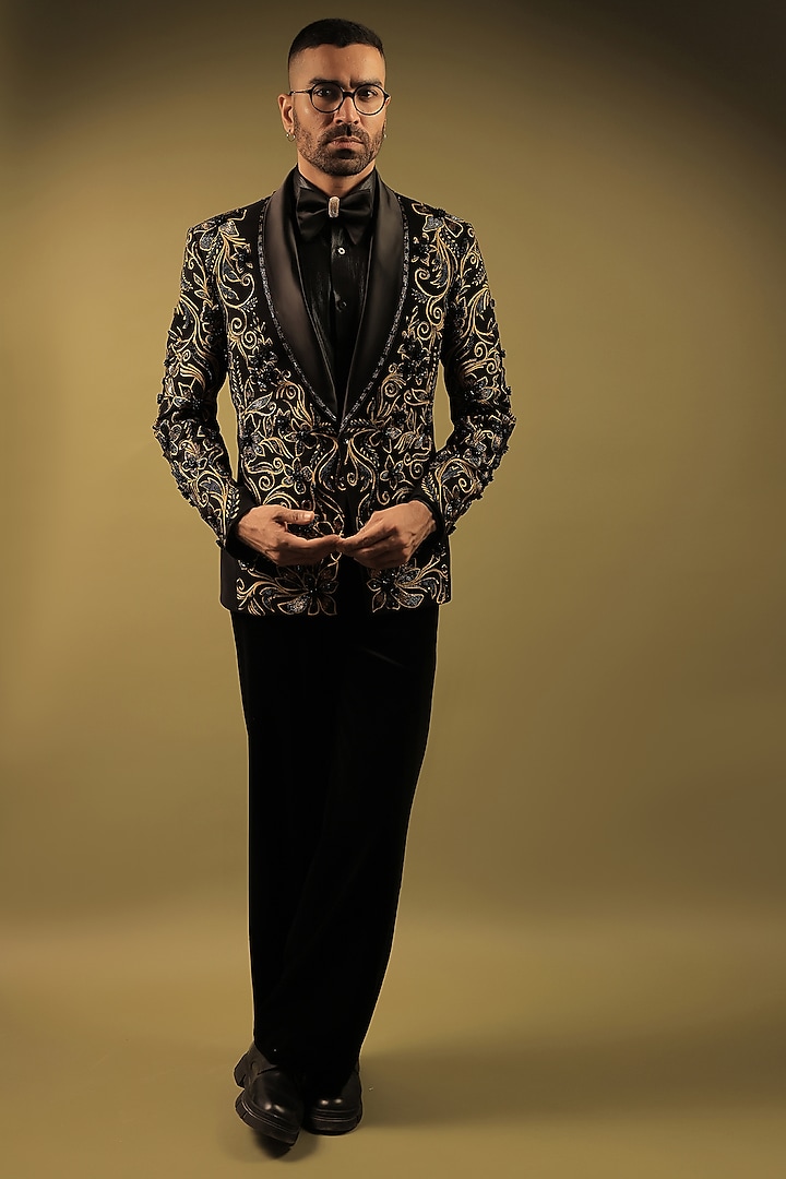 Black Korean Lycra Embellished & Hand Painted Tuxedo Set by ZENITH COUTURE at Pernia's Pop Up Shop