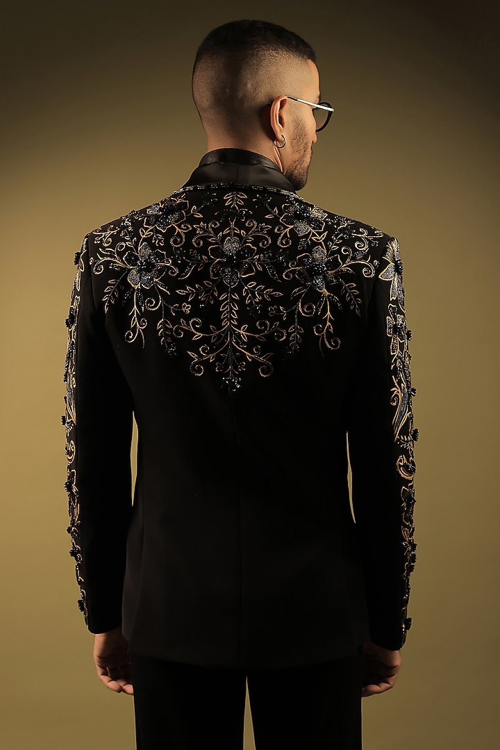 Black Korean Lycra Embellished & Hand Painted Tuxedo Set by ZENITH COUTURE at Pernia's Pop Up Shop