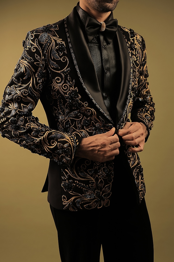 Black Korean Lycra Embellished & Hand Painted Tuxedo Set by ZENITH COUTURE at Pernia's Pop Up Shop