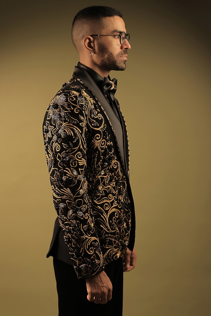 Black Korean Lycra Embellished & Hand Painted Tuxedo Set by ZENITH COUTURE at Pernia's Pop Up Shop