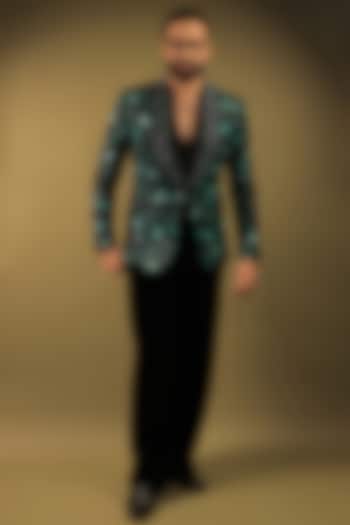 Black Korean Lycra Embellished & Hand Painted Tuxedo Set by ZENITH COUTURE at Pernia's Pop Up Shop