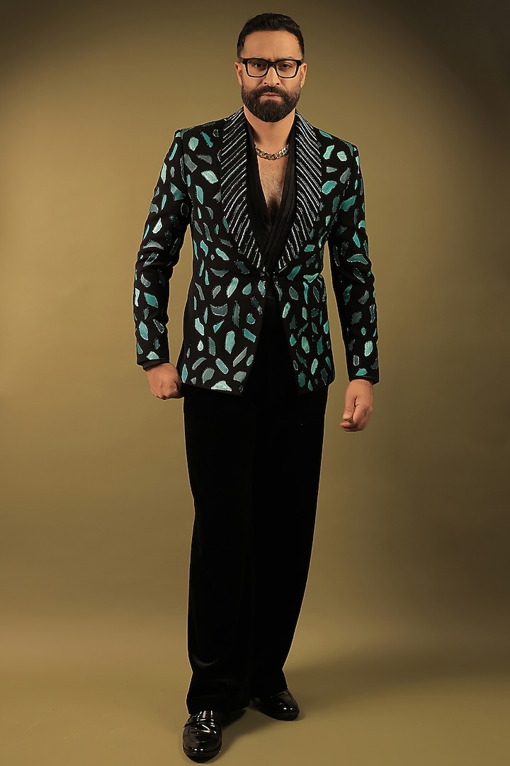 Black Korean Lycra Embellished & Hand Painted Tuxedo Set by ZENITH COUTURE at Pernia's Pop Up Shop