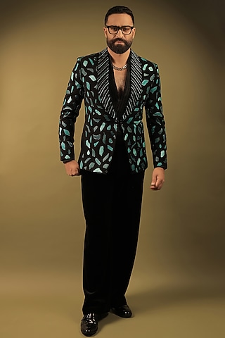 Black Korean Lycra Embellished & Hand Painted Tuxedo Set by ZENITH COUTURE