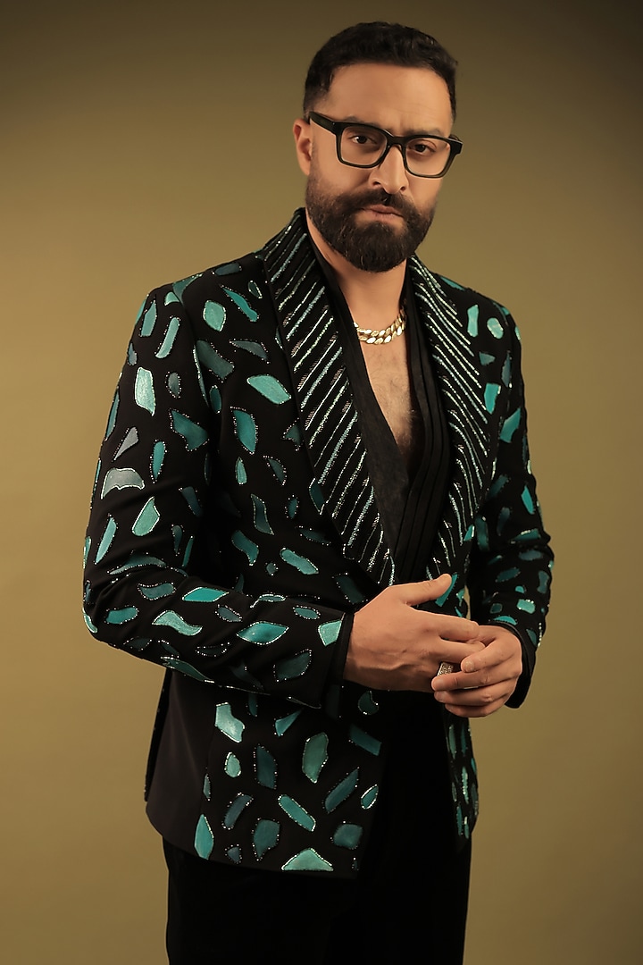 Black Korean Lycra Embellished & Hand Painted Tuxedo Set by ZENITH COUTURE at Pernia's Pop Up Shop