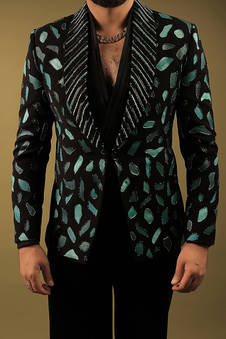 Black Korean Lycra Embellished & Hand Painted Tuxedo Set by ZENITH COUTURE at Pernia's Pop Up Shop