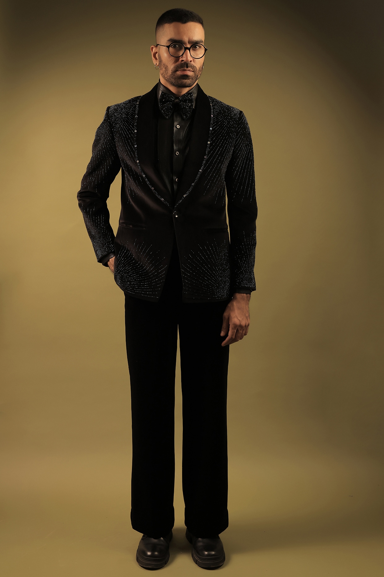 Black Velvet Crystal Embellished Tuxedo Set by ZENITH COUTURE at