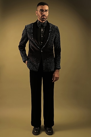 Black Velvet Crystal Embellished Tuxedo Set by ZENITH COUTURE at