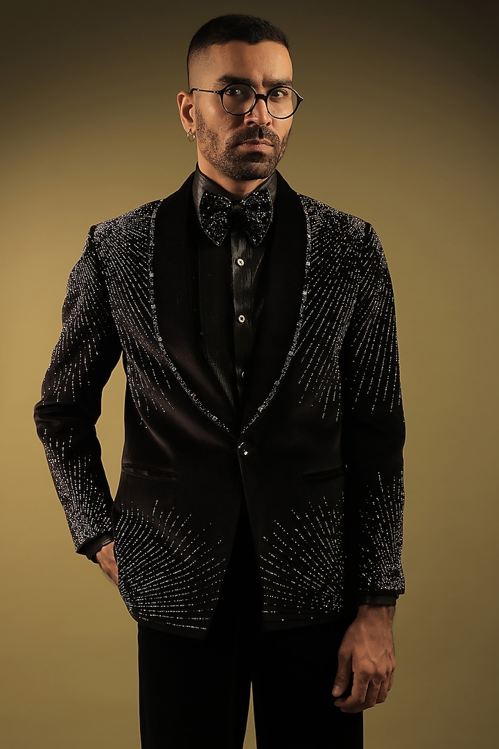 Black Velvet Crystal Embellished Tuxedo Set by ZENITH COUTURE at