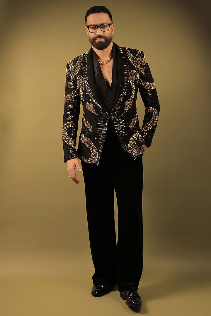 Black Korean Lycra Embellished & Hand Painted Tuxedo Set by ZENITH COUTURE at Pernia's Pop Up Shop