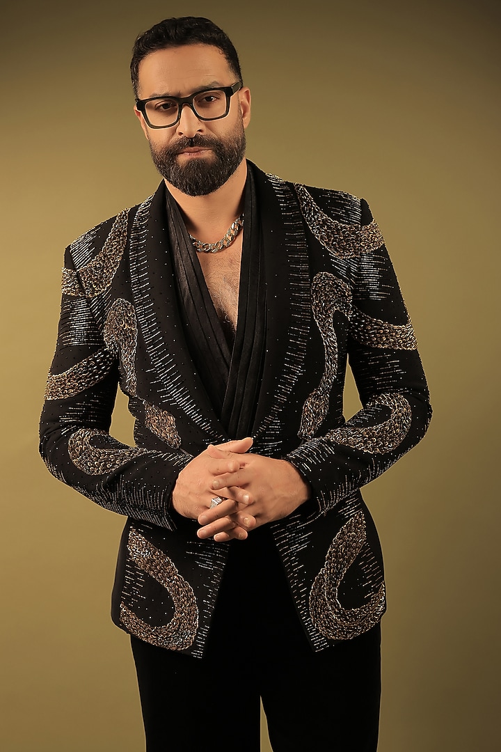 Black Korean Lycra Embellished & Hand Painted Tuxedo Set by ZENITH COUTURE at Pernia's Pop Up Shop