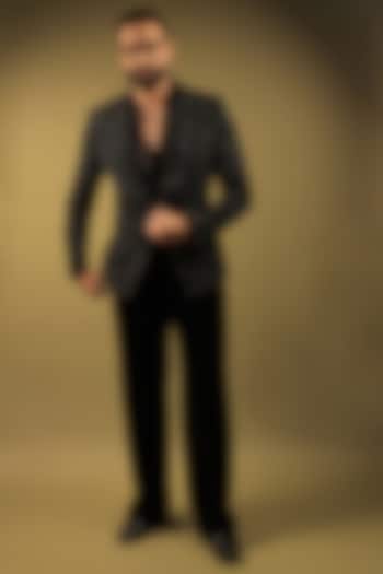 Black Korean Lycra Cutdana Embellished Tuxedo Set by ZENITH COUTURE at Pernia's Pop Up Shop