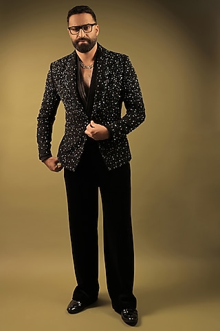 Black Korean Lycra Cutdana Embellished Tuxedo Set by ZENITH COUTURE