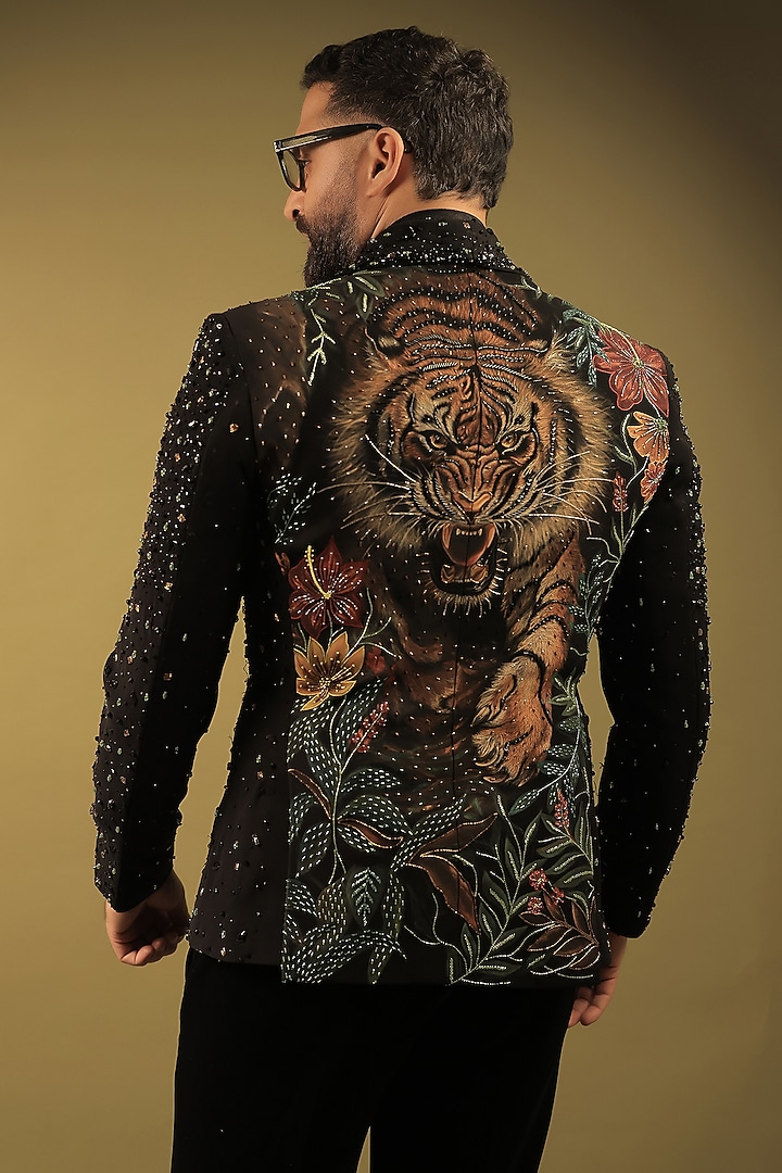 Black Korean Lycra Cutdana Embellished Tuxedo Set by ZENITH COUTURE at Pernia's Pop Up Shop