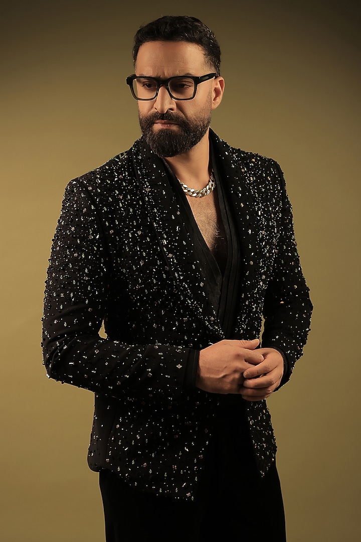 Black Korean Lycra Cutdana Embellished Tuxedo Set by ZENITH COUTURE at Pernia's Pop Up Shop
