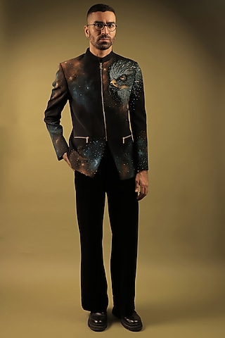 Black Korean Lycra Embellished & Hand Painted Bandhgala Set by ZENITH COUTURE