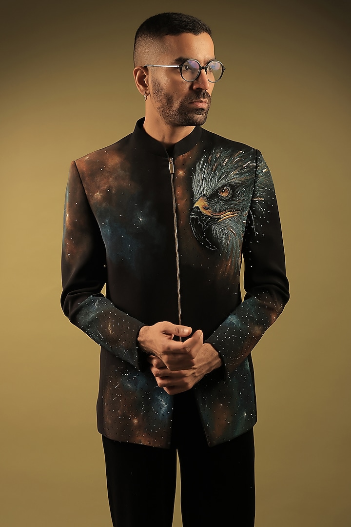 Black Korean Lycra Embellished & Hand Painted Groom Bandhgala Set by ZENITH COUTURE at Pernia's Pop Up Shop