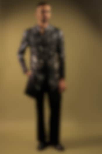 Navy Blue Satin Cutdana Embellished Indo-Western Set by ZENITH COUTURE at Pernia's Pop Up Shop