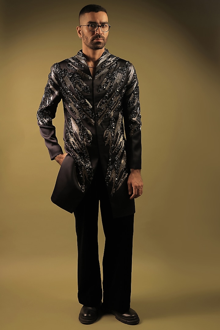 Navy Blue Satin Cutdana Embellished Indo-Western Set by ZENITH COUTURE at Pernia's Pop Up Shop