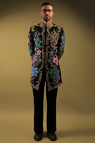 Black Korean Lycra Cutdana Embellished Indo-Western Set by ZENITH COUTURE