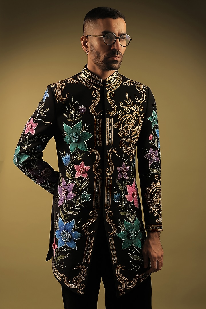 Black Korean Lycra Cutdana Embellished Indo-Western Set by ZENITH COUTURE at Pernia's Pop Up Shop