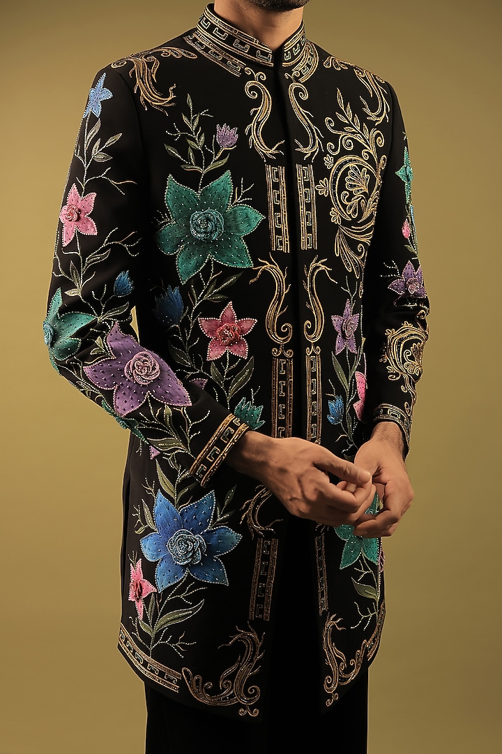 Black Korean Lycra Cutdana Embellished Indo-Western Set by ZENITH COUTURE at Pernia's Pop Up Shop