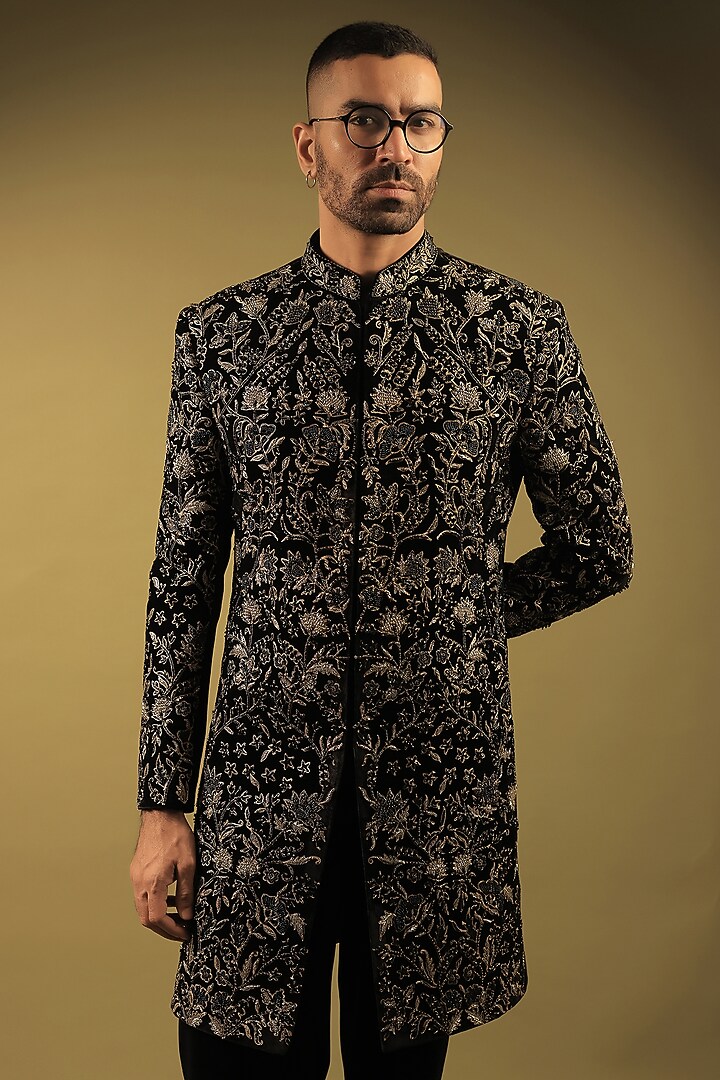 Black Korean Lycra Embellished & Hand Painted Indo-Western Set by ZENITH COUTURE at Pernia's Pop Up Shop