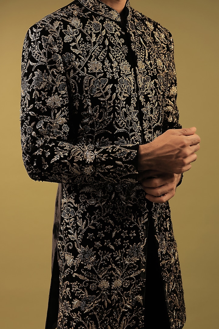 Black Korean Lycra Embellished & Hand Painted Indo-Western Set by ZENITH COUTURE at Pernia's Pop Up Shop